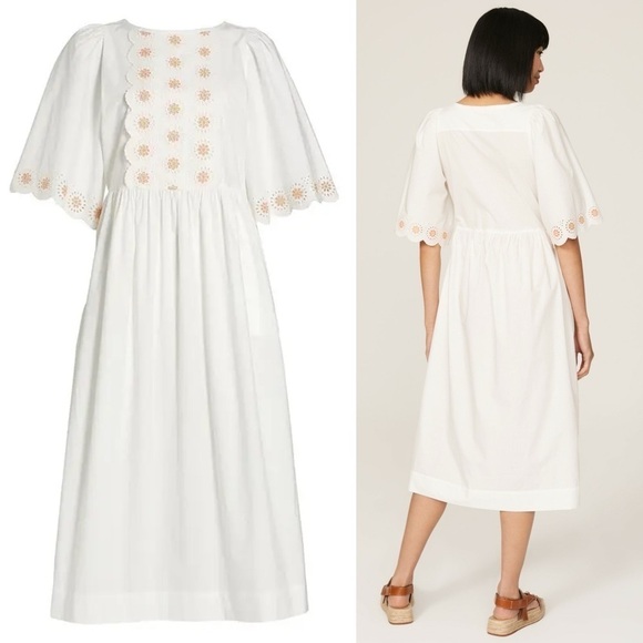 SEE BY CHLOE Floral Eyelet Embroidered Puff Short Sleeve Scalloped Midi Dress 6 - Picture 13 of 16